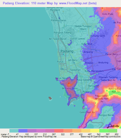 Padang,Indonesia Elevation Map