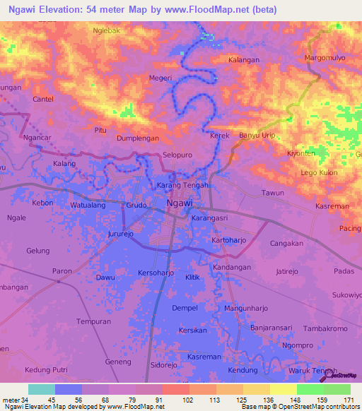 Ngawi,Indonesia Elevation Map