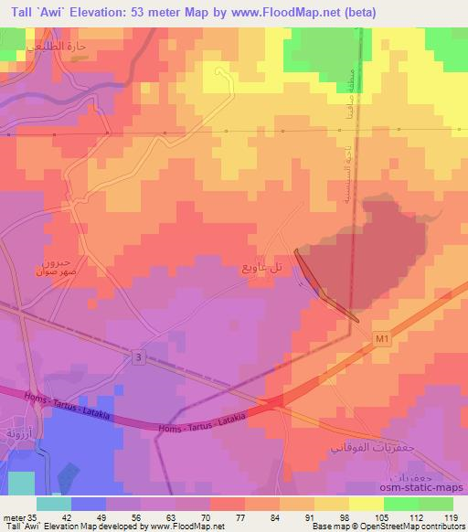 Tall `Awi`,Syria Elevation Map