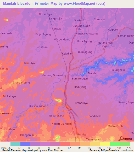 Mandah,Indonesia Elevation Map