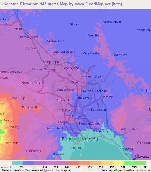 Kedaton,Indonesia Elevation Map
