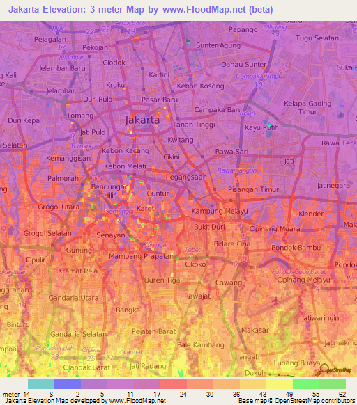 Jakarta,Indonesia Elevation Map