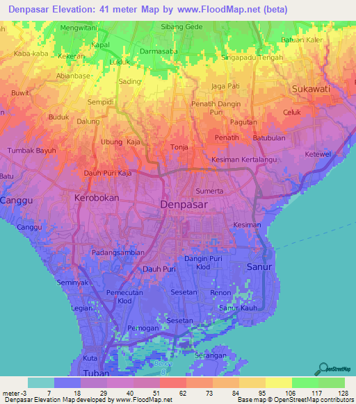 Denpasar,Indonesia Elevation Map