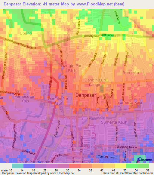Denpasar,Indonesia Elevation Map