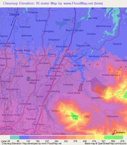 Citeureup,Indonesia Elevation Map
