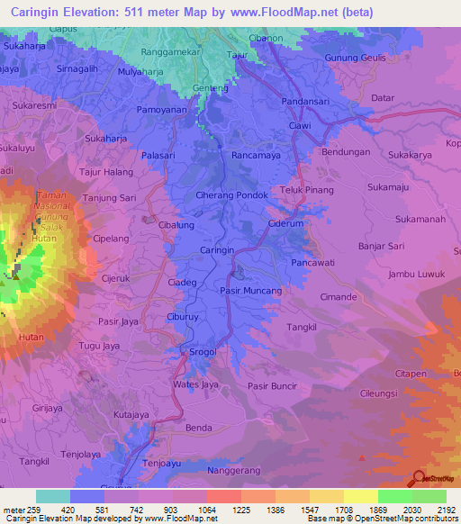 Caringin,Indonesia Elevation Map