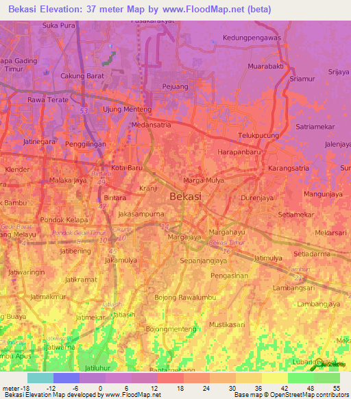 Bekasi,Indonesia Elevation Map