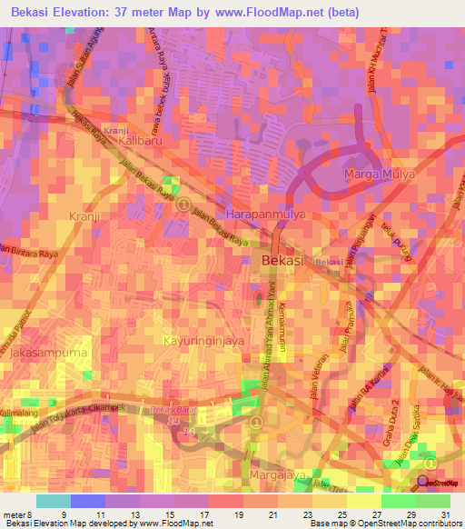 Bekasi,Indonesia Elevation Map
