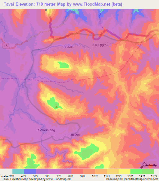 Tavai,Laos Elevation Map