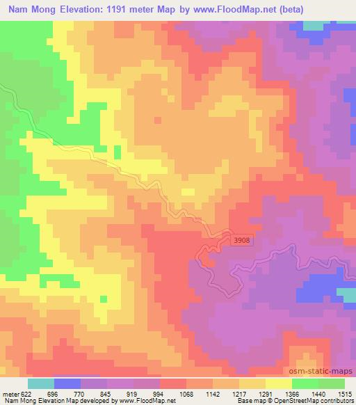 Nam Mong,Laos Elevation Map