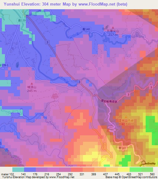 Yunshui,Taiwan Elevation Map