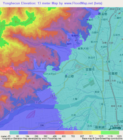 Yonghecun,Taiwan Elevation Map