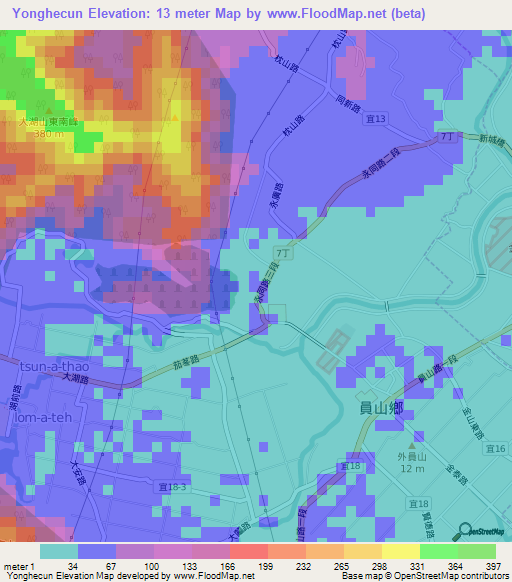 Yonghecun,Taiwan Elevation Map