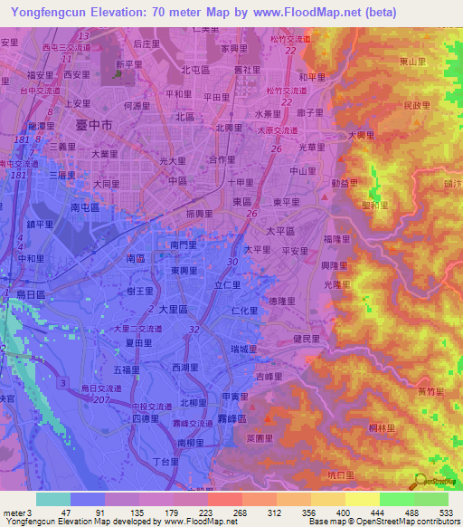 Yongfengcun,Taiwan Elevation Map