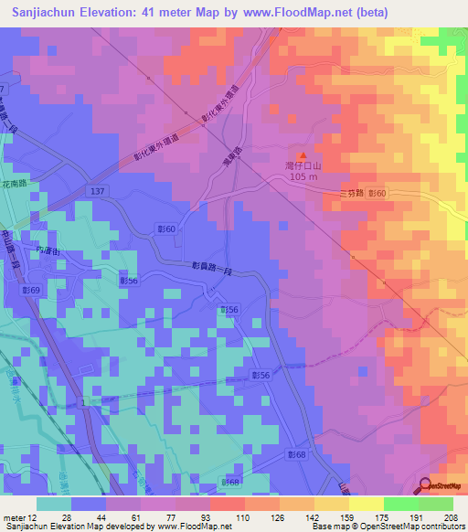 Sanjiachun,Taiwan Elevation Map