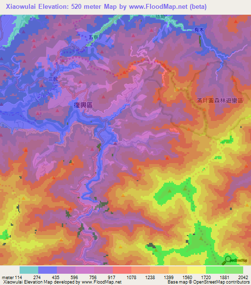 Xiaowulai,Taiwan Elevation Map