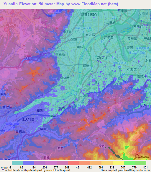 Yuanlin,Taiwan Elevation Map