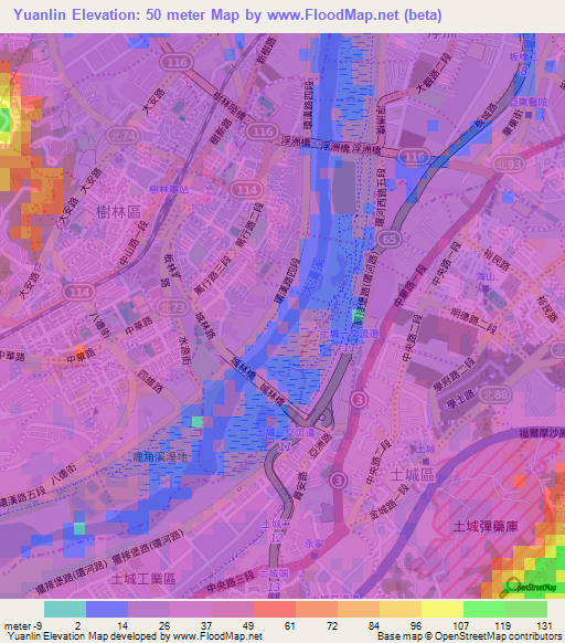 Yuanlin,Taiwan Elevation Map