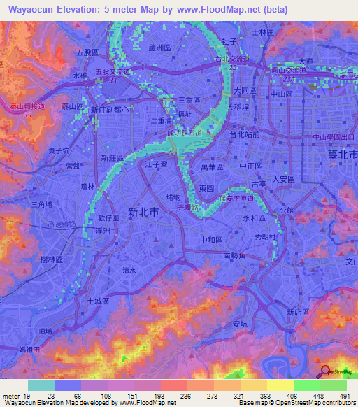 Wayaocun,Taiwan Elevation Map