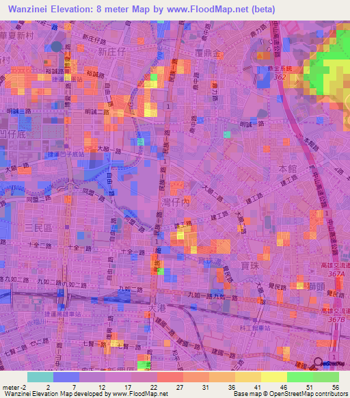 Wanzinei,Taiwan Elevation Map