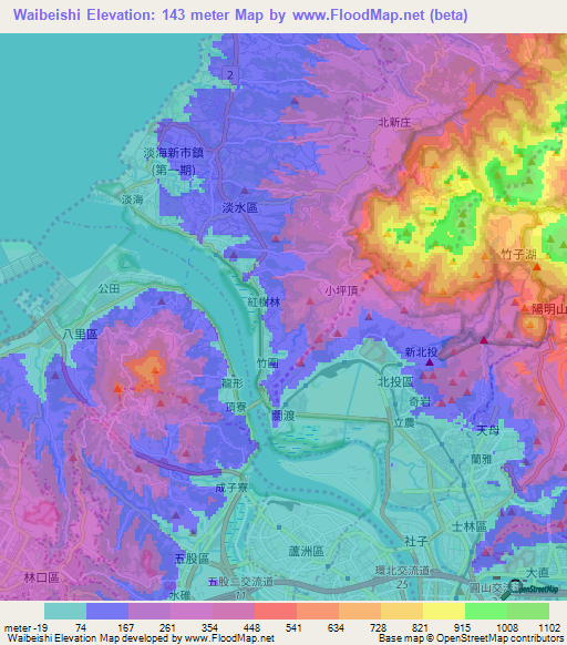 Waibeishi,Taiwan Elevation Map