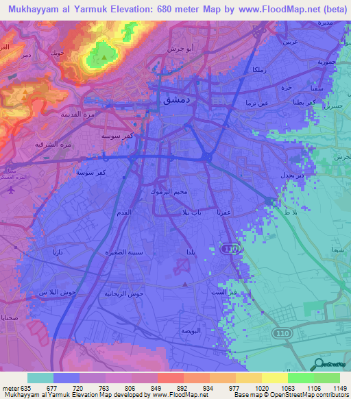 Mukhayyam al Yarmuk,Syria Elevation Map