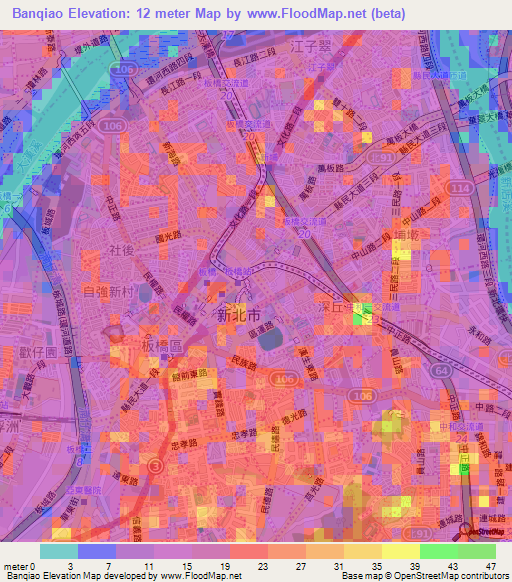 Banqiao,Taiwan Elevation Map