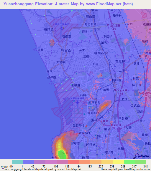 Yuanzhonggang,Taiwan Elevation Map