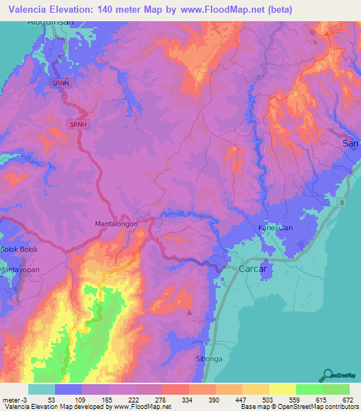 Valencia,Philippines Elevation Map