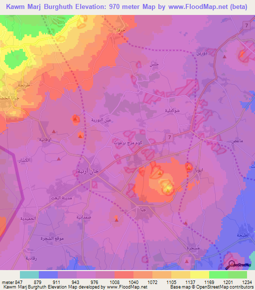Kawm Marj Burghuth,Syria Elevation Map