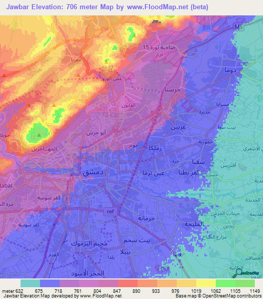 Jawbar,Syria Elevation Map
