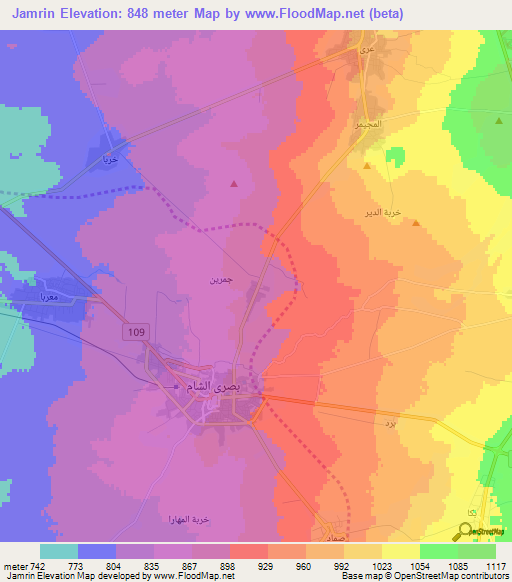 Jamrin,Syria Elevation Map