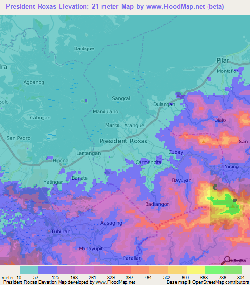 President Roxas,Philippines Elevation Map