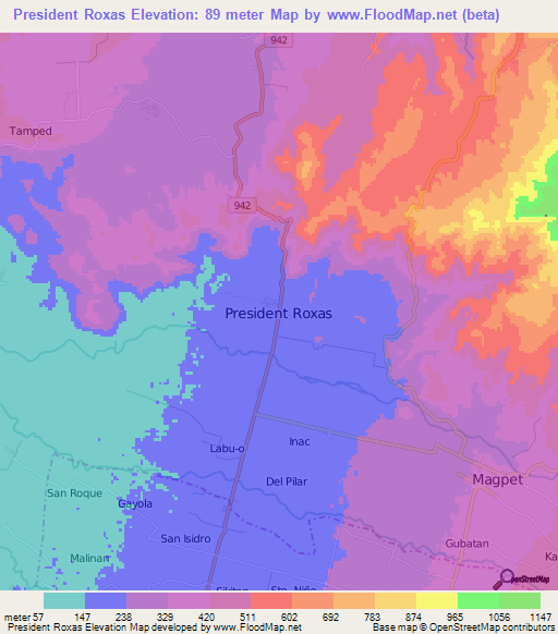 President Roxas,Philippines Elevation Map
