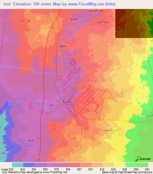 Izra`,Syria Elevation Map
