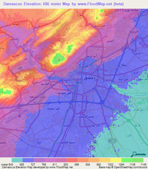 Damascus,Syria Elevation Map