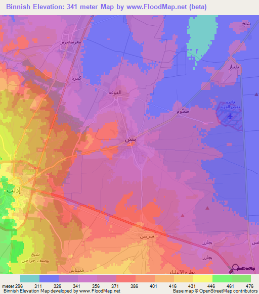 Binnish,Syria Elevation Map