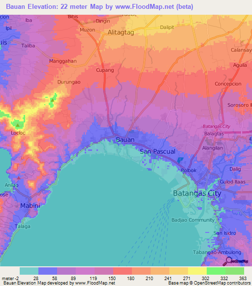 Bauan,Philippines Elevation Map