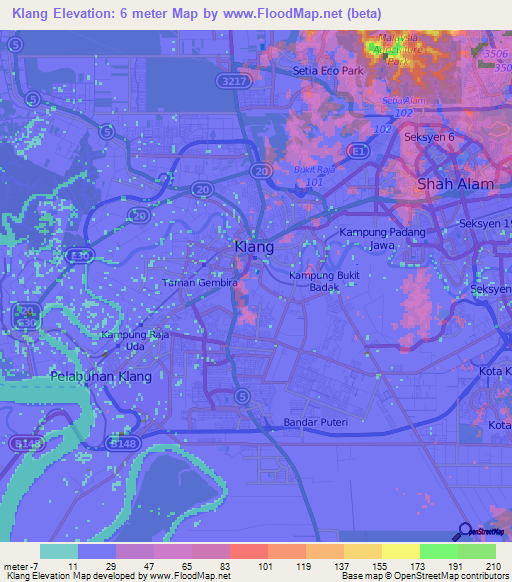 Klang,Malaysia Elevation Map