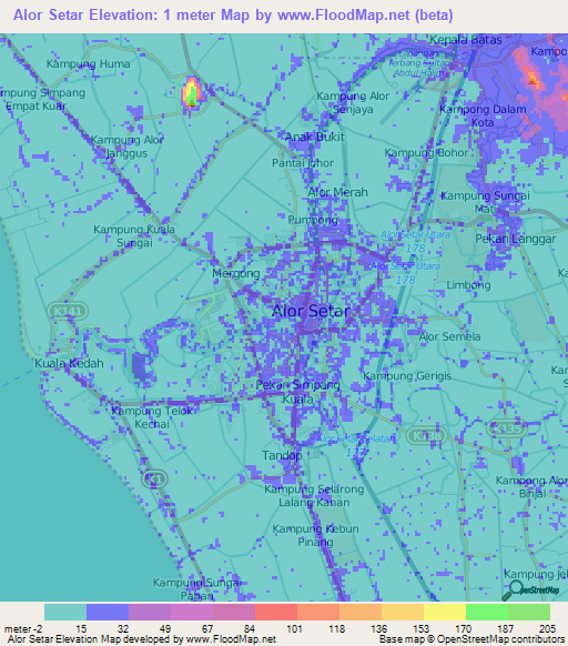 Alor Setar,Malaysia Elevation Map