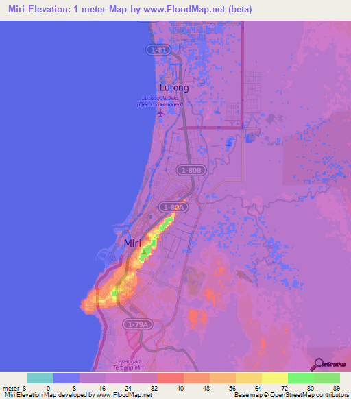 Miri,Malaysia Elevation Map