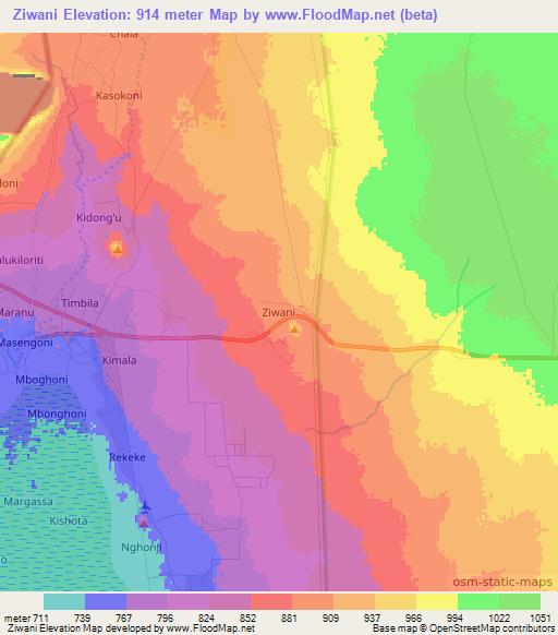 Ziwani,Kenya Elevation Map