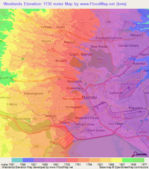 Westlands,Kenya Elevation Map