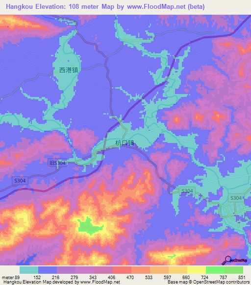 Hangkou,China Elevation Map