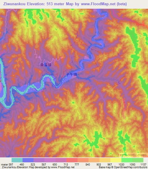 Ziwunankou,China Elevation Map