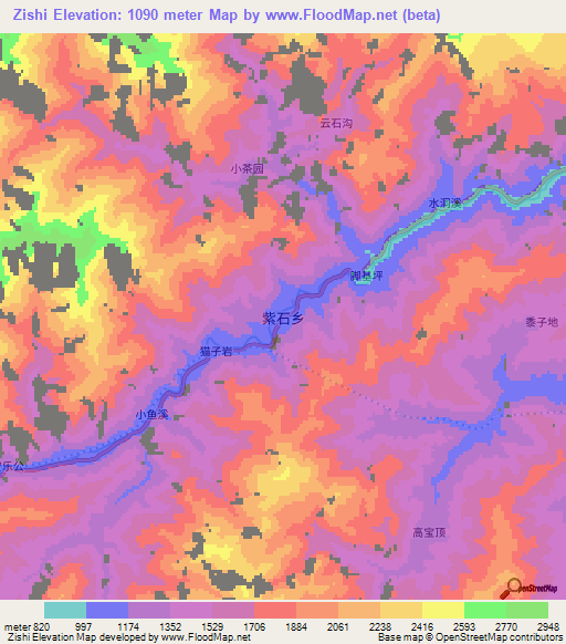 Zishi,China Elevation Map