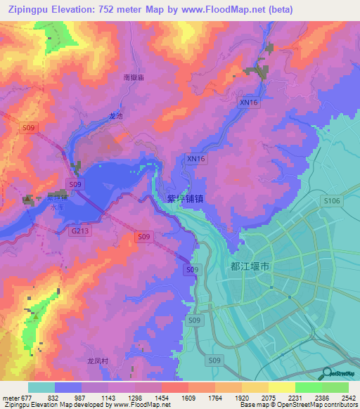 Zipingpu,China Elevation Map
