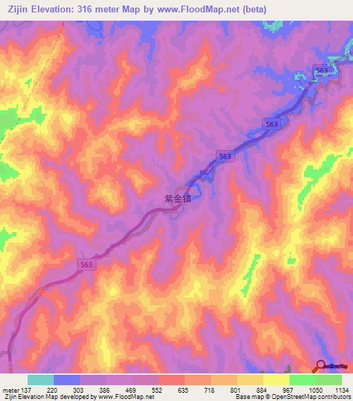 Zijin,China Elevation Map
