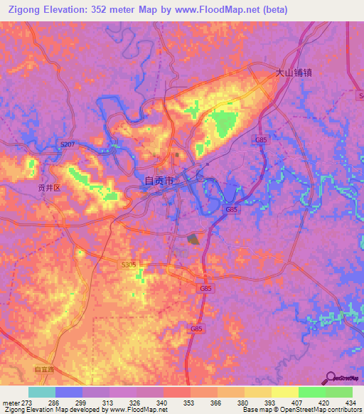 Zigong,China Elevation Map
