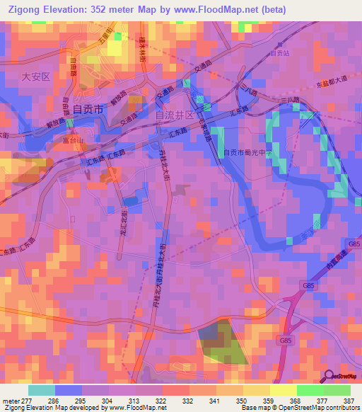 Zigong,China Elevation Map
